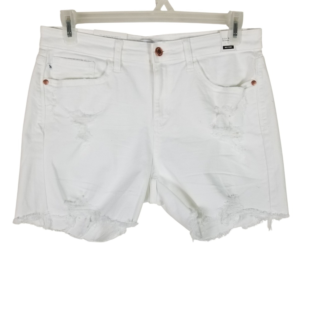 Judy Blue Hannah Denim Shorts Womens Large White Distressed Mid Rise JB15212 WHT